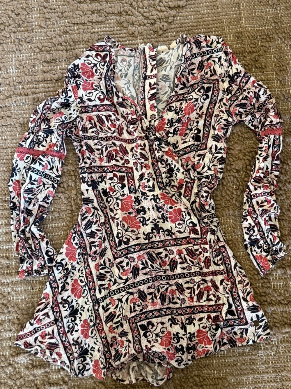 ROXY Women’s Floral Wrap-Style Long Sleeve Dress Romper in White and Coral